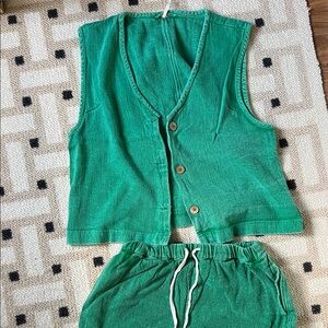 Free People Green Button-Up Vest and Shorts Set